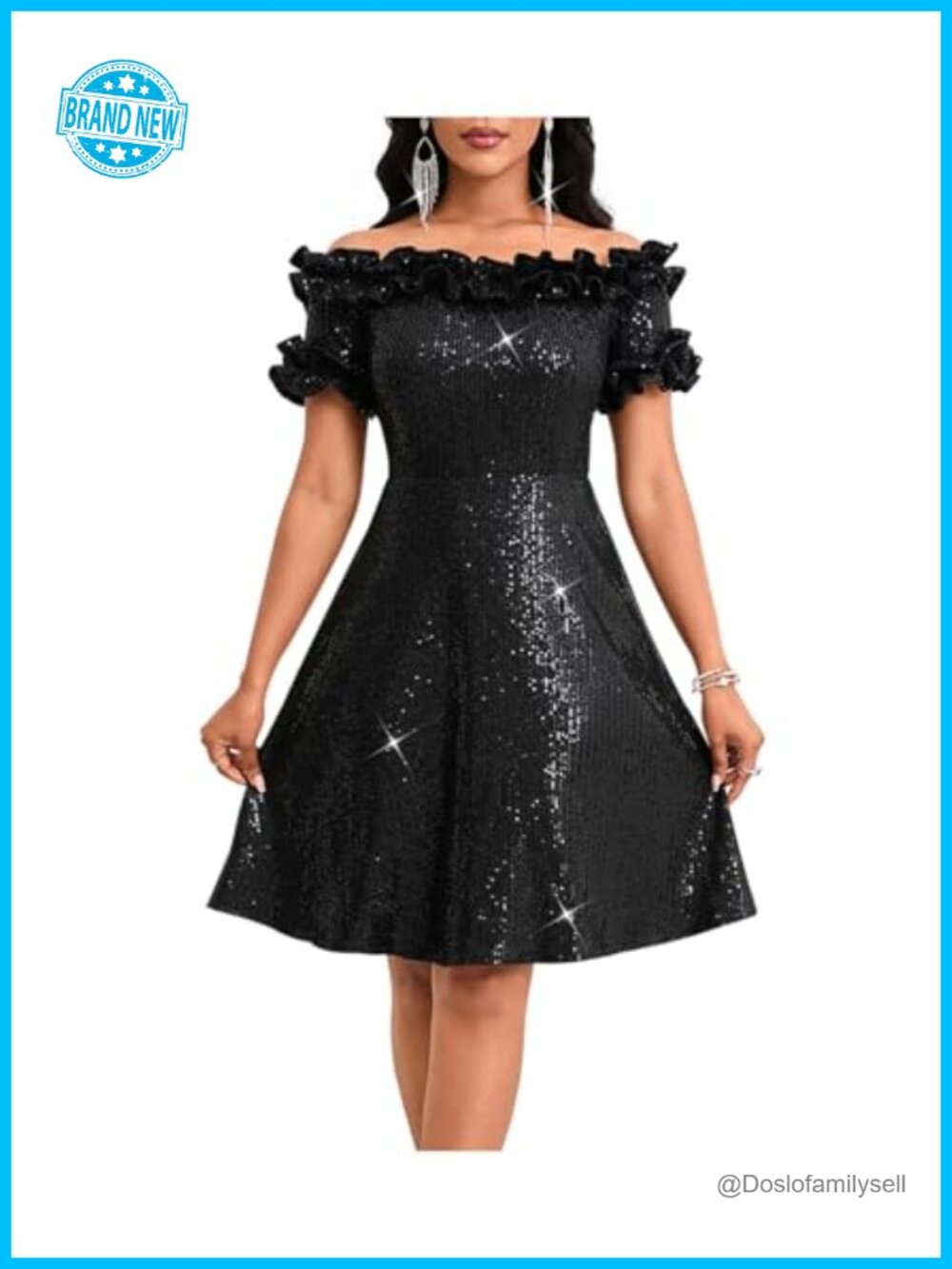Women's Off Shoulder Sequin A-Line Cocktail Dress Ruffle Neckline